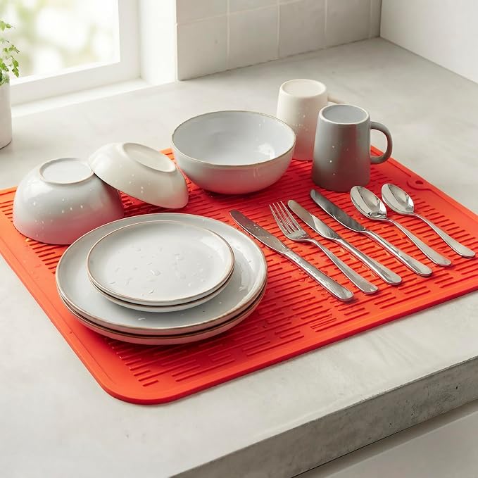 MicoYang Silicone Dish Drying Mat for Multiple Usage,Easy clean,Eco-friendly,Heat-resistant Silicone Mat for Kitchen Counter or Sink,Refrigerator or Drawer Liner Orange XL 18 inches x 16 inches