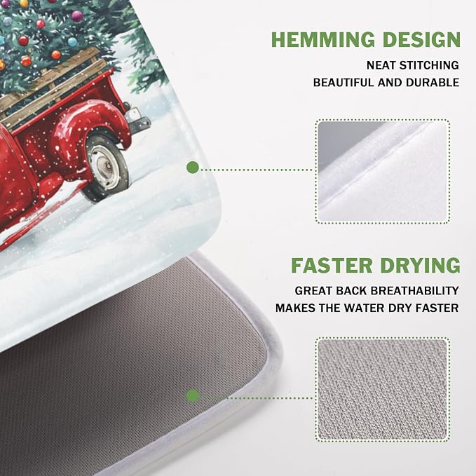 Winter Snowscape Dish Drying Mat for Kitchen Counter Christmas Red Truck Trees Dish Drainer Mat Xmas Holiday Rustic Farmhouse Absorbent Washable Drying Pad 16"x18"