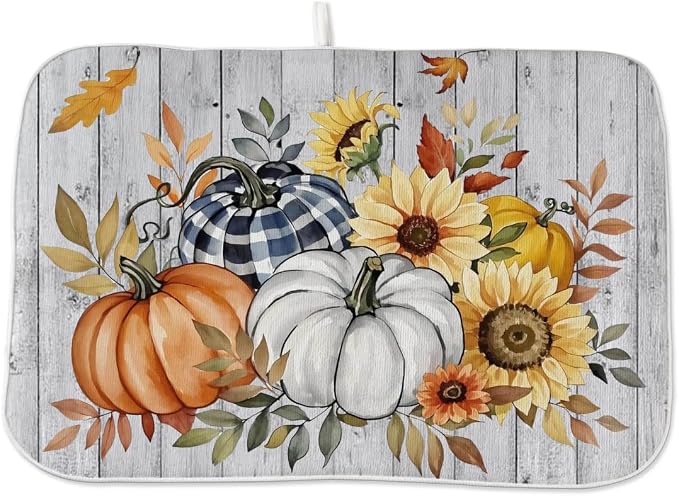 Fall Dish Drying Mat 18 x 24 Inch Thanksgiving Sunflower Pumpkin Drying Mat for Kitchen Counter Absorbent Farmhouse Harvest Autumn Maple Leaf Dishes Dry Pad for Drainer Rack Kitchen Fast Dry