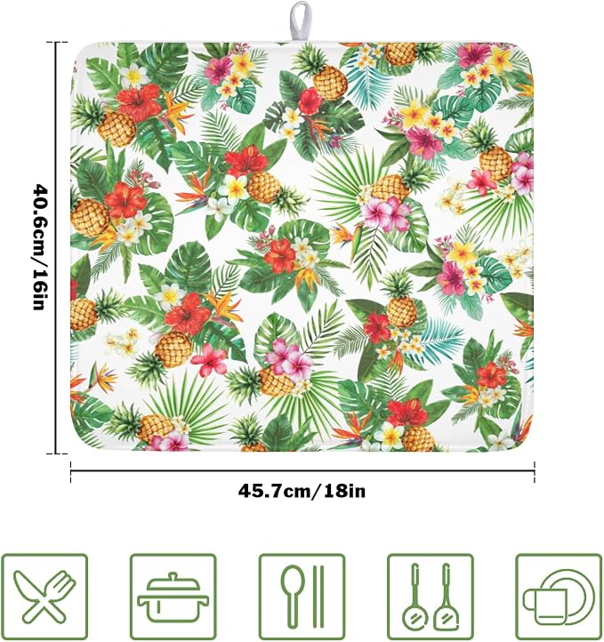 Summer Tropical Dish Drying Mat for Kitchen Counter Hawaii Palm Leaves Floral Pineapple Microfiber Dish Drainer Mat Rustic Absorbent Washable Drying Pad Extra Large 16"x18"