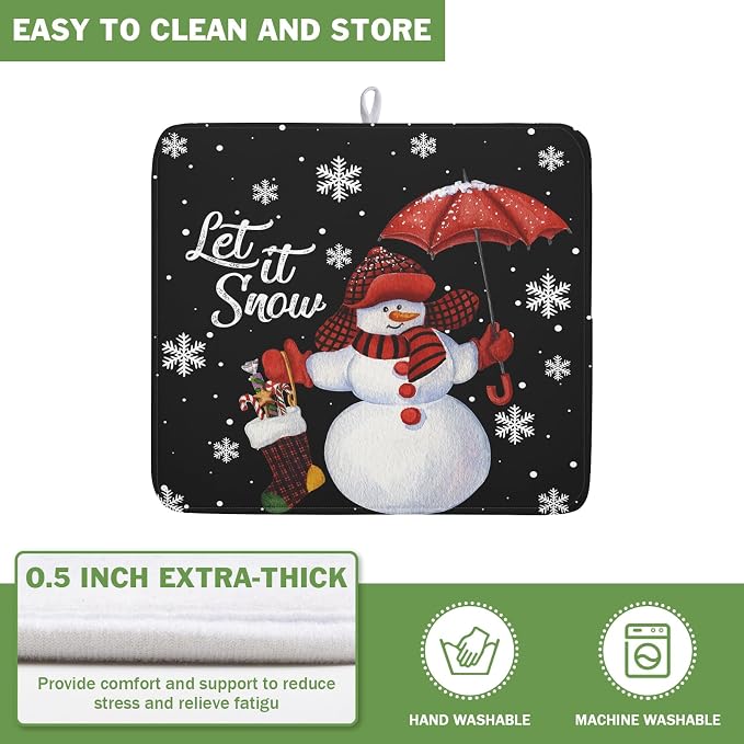 Winter Snowman Dish Drying Mat, Christmas Snow Dish Drying Mat for Kitchen Counter, Christma Cute Snowman Absorbent Fast Dry Dish Drainer Mat Protector Xmas Microfiber Dish Drying Pad 16x18 Inch
