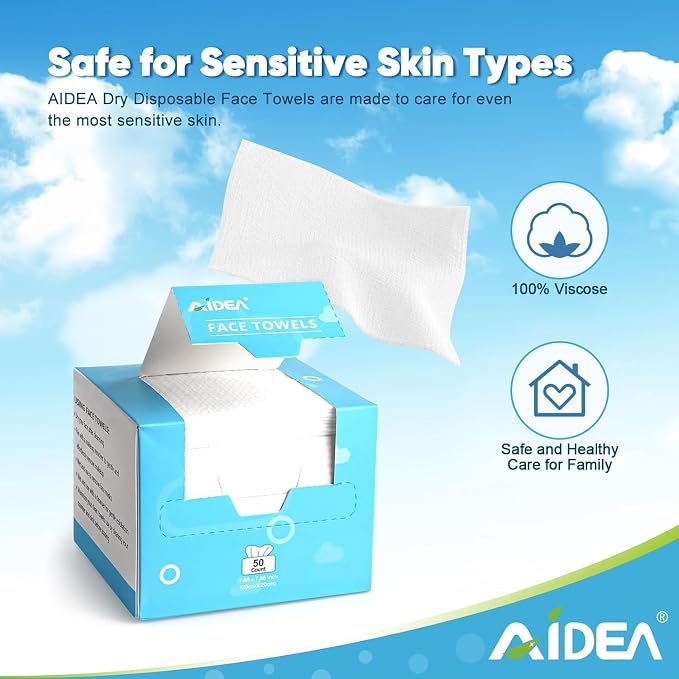 AIDEA Face Towels Disposable-200Ct (4 Box), Face Cloths for Sensitive Skin | Clean Facial Towels, Facial Cleansing Wipes, Face Towelettes for Makeup Removing, Nursing, Travel, Dry Wipes