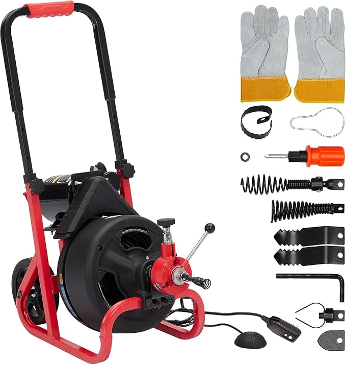 Garvee 100ft 3/8 Inch Drain Cleaner Machine, 370W Portable Drain Cleaning Machine Electric Drain Snake with 8 Cutters Gloves, Electric Drain Clog Remover Plumbing Tool for 2 to 4 in Pipes
