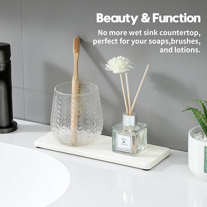 2PCS 10"x 5" Large Bathroom Sink Vanity Trays, Water Absorbing Diatomite Stone Quick Drying Mat for Kitchen Counter, Dish Rack Dispensers Sponge Holder Caddy Organizer, White, 10"x 5"