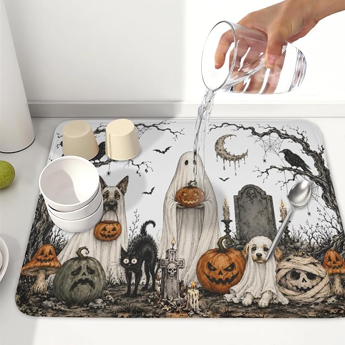 Halloween Ghost Dish Drying Mat for Kitchen Counter Spooky Pumpkins Dog Cat Crow Pattern Microfiber Dish Drainer Mat Vintage Holiday Absorbent Washable Drying Pad 16"x18"