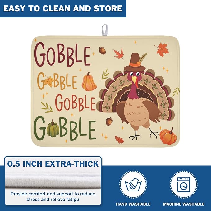 Thanksgiving Turkey Dish Drying Mat for Kitchen Counter 18x24 Inch Pumpkin Dish Drainer Mat Absorbent Microfiber Gobble Dish Rack Pad for Fall Holiday Coffee Dining Bar Decor
