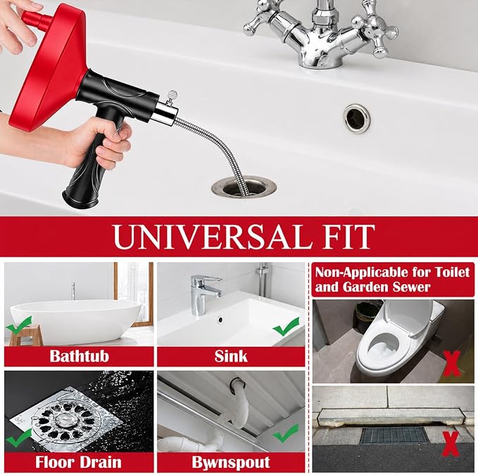 Drain Snake Auger, 33 Feet Plumbing Snake Drain Hair Clog Removal Tool, Heavy Duty Snake Auger, Sink Unclogger Drain Cleaner Tool for Bathroom Kitchen Tub Shower Drain Clog Remover with Gloves, Red