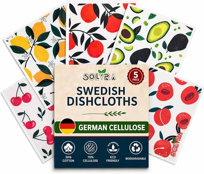 5 PCS Fruit Print Swedish Dishcloths for Kitchen 100% Biodegradable, Reusable Cellulose Sponge Cloths Ultra Absorbent, Eco Friendly Cleaning Towels Dishcloths for Washing Dishes & General Cleaning