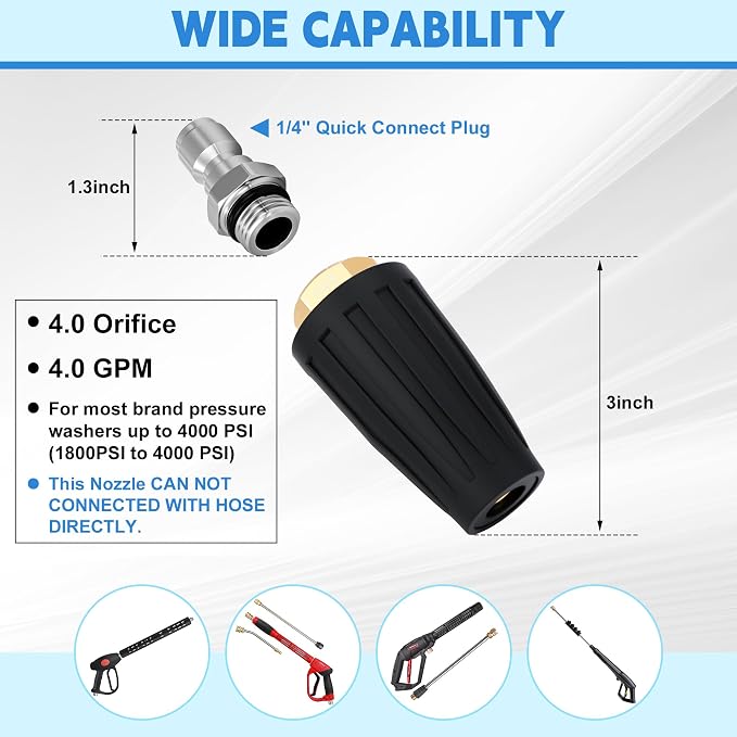 Yupjlia Turbo Nozzle Pressure Washer Tips, 4000 PSI Max, 360° Rotating | Upgrade Pressure Washer Nozzle, 1/4 Quick Connect, Cleaning Patio Driveway Brick Concrete Vinyl Surface, 4.0 GPM 4.0 Orifice