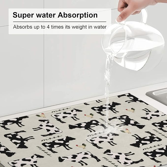 Cute Farm Cows Dish Drying Mat For Kitchen Counter, Super Absorbent Microfiber Dish Drying Pad, Kitchen Gadgets For Easy Clean Multi-Use Large 18"x24"