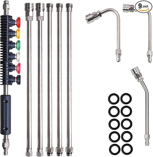Hourleey 9 Pack Pressure Washer Extension Wand Upgrade Power Washer Lance with 6 Nozzle Tips, 30°,90°,120° Curved Rod, 1/4" Quick Connect, 4000 PSI