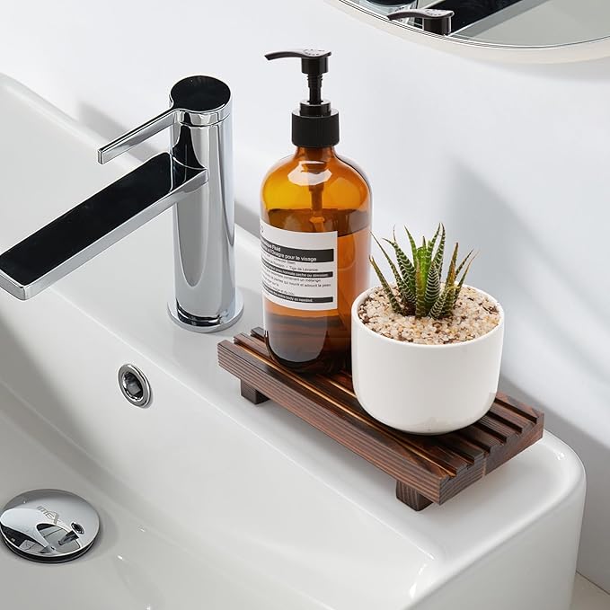 Kitchen Sink Tray for Bathroom Counter Decorative Wooden Riser Soap Holder | Small Dish Soap Dispenser for Bathroom Decor Farmhouse Kitchen Accessories Wood Pedestal Stand Countertop Sponge Vanity Trays