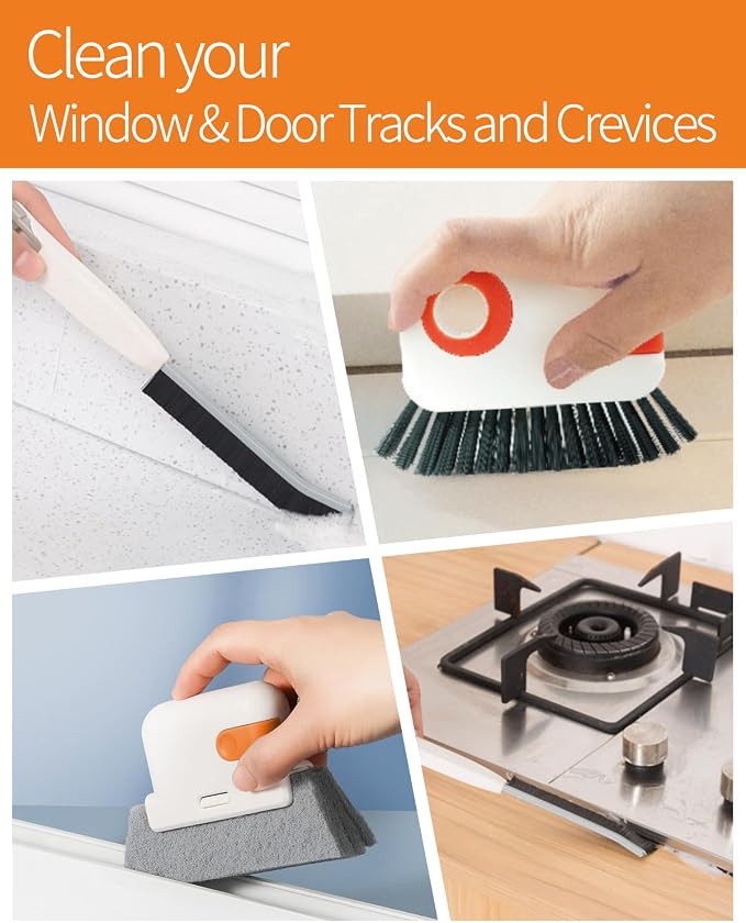 Window Sill Cleaner Tool, Sliding Door Track Cleaner, 8-Piece Brush Kit | Hard Bristle, Crevice and Sponge Brushes with Replacement Heads for Window Grooves, Shower Tracks, Grout, Sinks and Vents