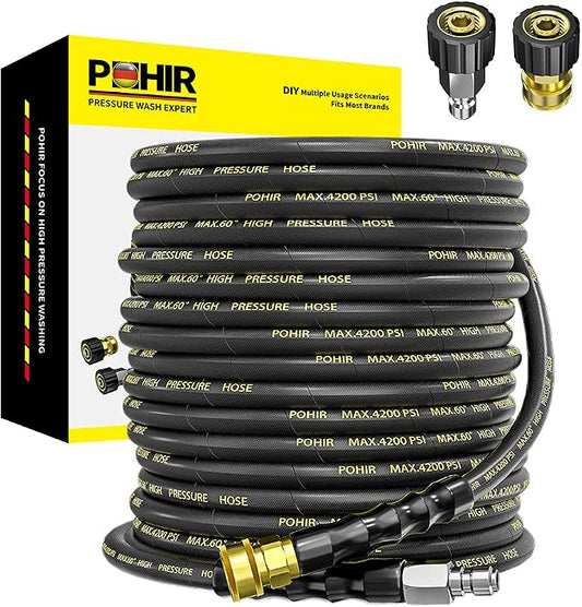 Pressure Washer Hose 70ft with 3/8" Quick Connector, High Tensile Wire Braided Kink Resistant 1/4 Inch Power Washer Hose 4200 PSI, 2pcs M22 14mm to 3/8" Adapter Set, Multi-Scene Use | POHIR 2pcs 3/8'' QC to M22 14mm Adapters, 4200PSI Power Washing Hose...