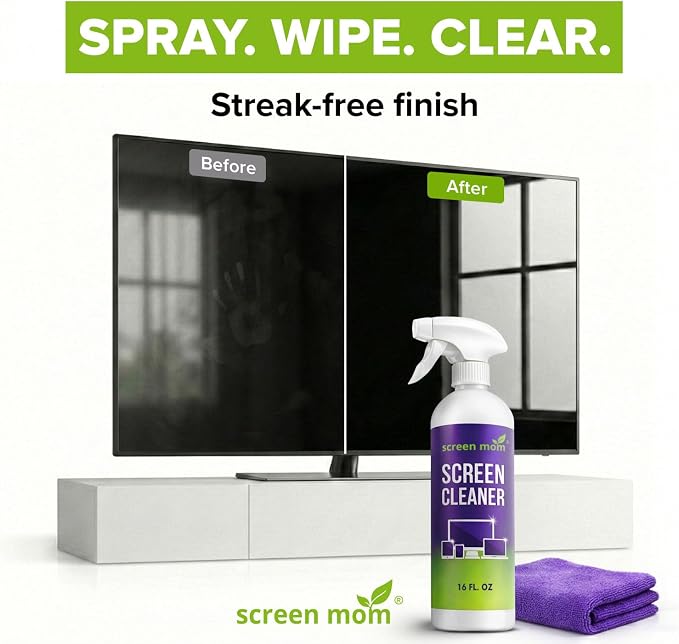 Screen Mom Screen Cleaner Spray 2 Pack-16oz for TV, Car, Laptop & Computer | Streak-Free Formula, Alcohol & Ammonia-Free, Safe for TVs, OLED Glass Tablets & Phones, Gentle Cleaning, No Residue Finish