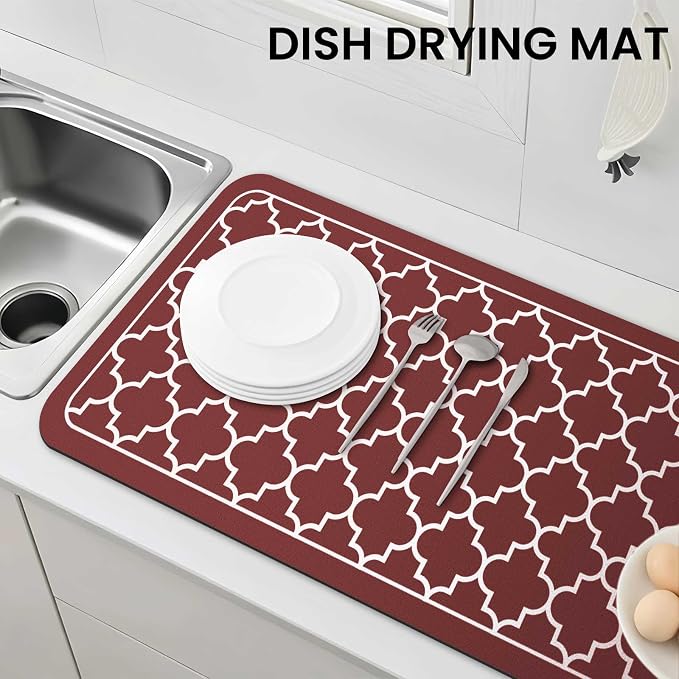 WISELIFE Dish Drying Mat Super Absorbent Drying Mat Large Dish Drying Mats for Kitchen Counter Easy Clean Dish Mat Kitchen Drying Mat18"x 32" Stylish Red