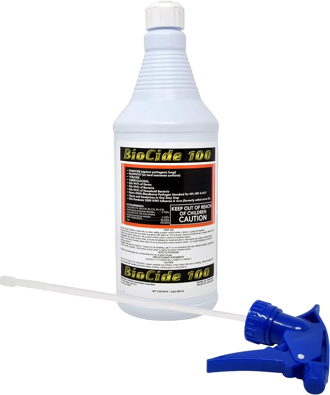 Biocide 100 EPA Registered Mold, Mildew and Fungi Remover, Cleaner and Disinfectant | Eliminates Household Mold Spores, Bacteria, Germs, Viruses | Non-Toxic and Safe | 1-Quart