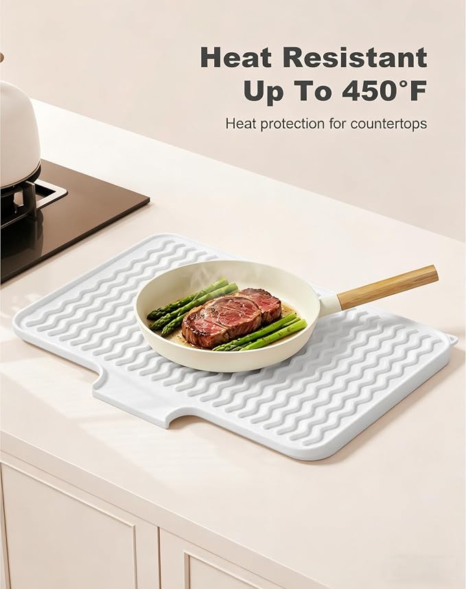 Rnivvi Silicone Dish Drying Mat for Kitchen Counter, 16 x 12" Drainer Pad with Drainage Spout, Heat Resistant Trivet Non-Slip Dish Rack Mats for Countertop Protection, Kitchen Bar Decor Pad, White