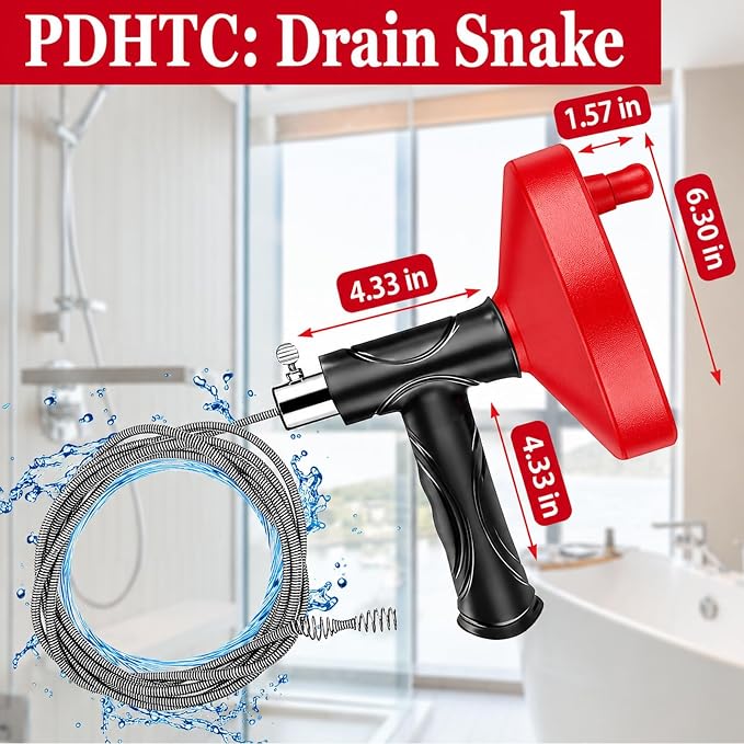 Drain Snake Auger, 33 Feet Plumbing Snake Drain Hair Clog Removal Tool, Heavy Duty Snake Auger, Sink Unclogger Drain Cleaner Tool for Bathroom Kitchen Tub Shower Drain Clog Remover with Gloves, Red