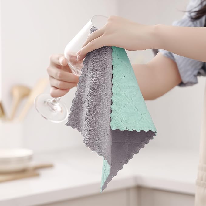 Homaxy 12 Pack Kitchen Cloths Dish Towels (10" x 10", Grey & Green), Super Soft and Absorbent Dish Cloths, Coral Velvet Microfiber Cleaning Cloth, Nonstick Oil Fast Dry Dishcloths