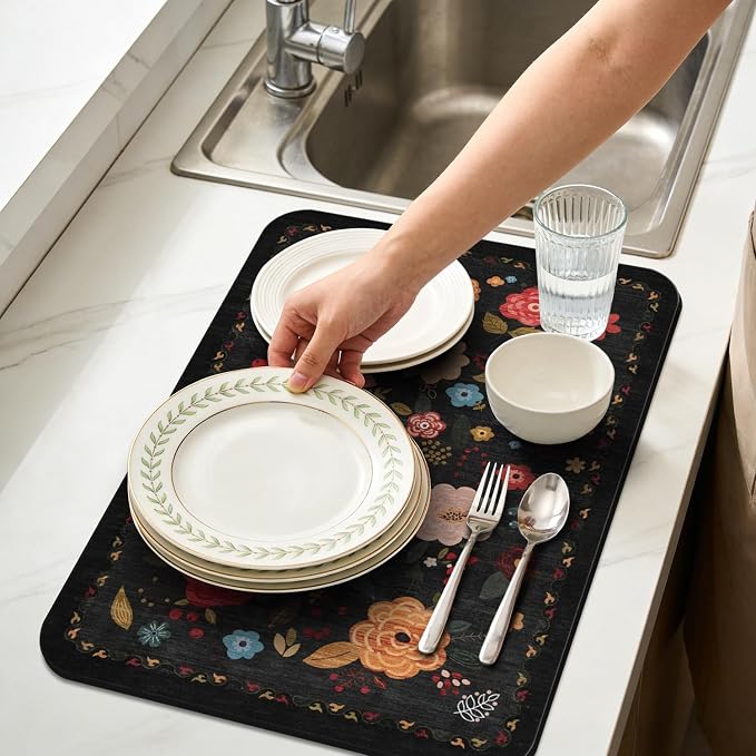 Vintage Floral Dish Drying Mat 12x20 Inch, Dish Mat Drying Kitchen Mats for Extra Large Absorbent Countertop, Aesthetic Boho Drying Matt Kitchen Counter Washable Heat Resistant Dish Drainer Rack Mat