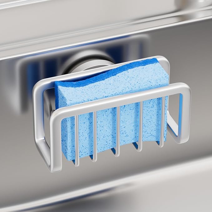 TAILI Sink Caddy with Strong Suction Cup, Sponge Holder for Kitchen Sink Oganizer, Removable Rustproof Aluminum Sponge Holder, Dish Brush for Scraper - Silver