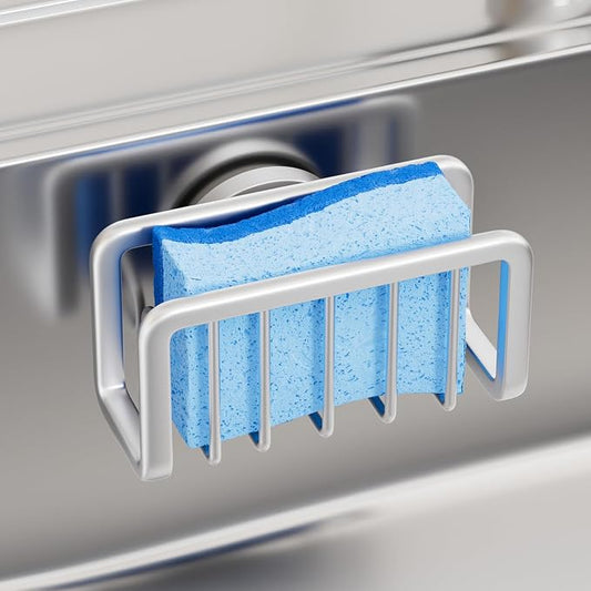 TAILI Sink Caddy with Strong Suction Cup, Sponge Holder for Kitchen Sink Oganizer, Removable Rustproof Aluminum Sponge Holder, Dish Brush for Scraper - Silver