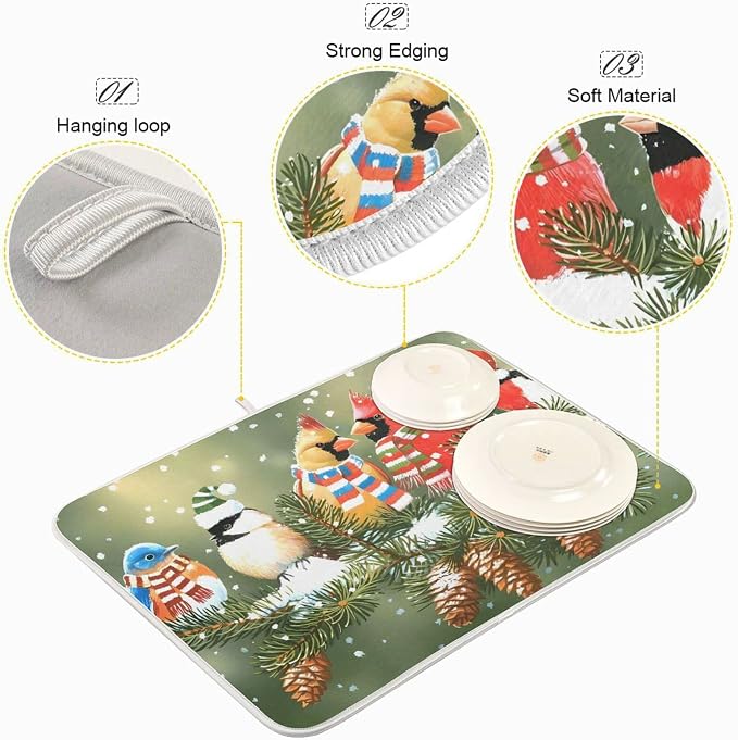 Absorbent Dish Drying Mat for Kitchen Counter - Christmas Birds Snow Microfiber Drying Pad, Reversible Drainer Mats for Countertop, Small 16" x 18"