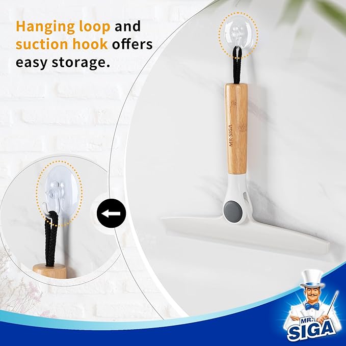 MR.SIGA Silicone Squeegee for Shower Door, Mirror, Glass, 10 inch, White | Streak free shower squeegee for windows, showers and glass surfaces, pivoting bamboo handle, includes 1 suction hook