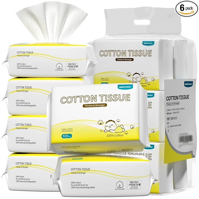 Winner 100% Cotton Dry Wipes, USDA Certified Baby Wipes, Soft & Gentle, Hypoallergenic & Unscented for Baby Sensitive Skin, Use Wet/Dry for Diaper Changes, Meals & Cleanup, Pack of 6, 600 pcs