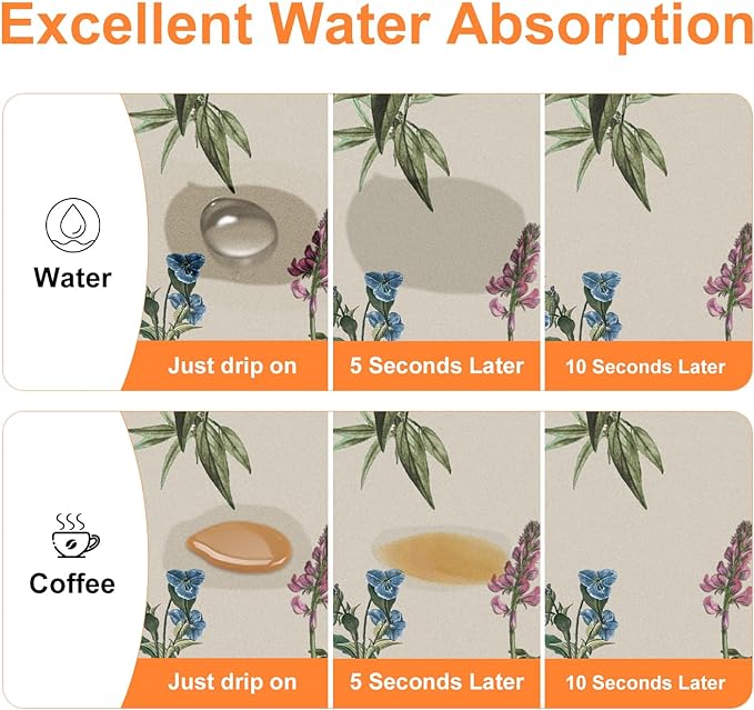 LOKHOM Dish Drying Mat for Kitchen Counter, 16"x20" Absorbent Coffee Bar Mat with Vintage Sage Flower Herbs, Dish Drainer Rack Mat for Kitchen Counter