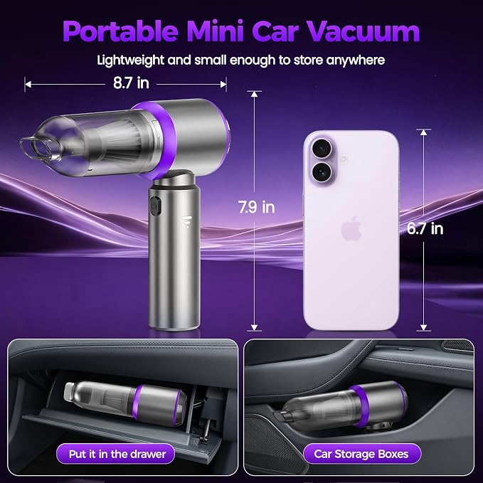Mini Car Vacuum Cleaner Portable Cordless, 21000PA High Power Small Vacuum CleanerHandheld Vacuum, Compressed Air Duster & Air Blower & Aspiradora para Carro for Car, Home, Office, Pet