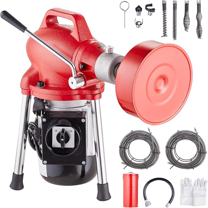 VEVOR Drain Cleaner Machine 120FT x 5/8 Inch, 370W Electric Sewer Snake Auger Manual Feed - with 2 Sectional Steel Cables(120' x 5/8" and 23' x 3/8"), 7 Cutters and CW/CCW Control for 1.6" to 4" Pipes