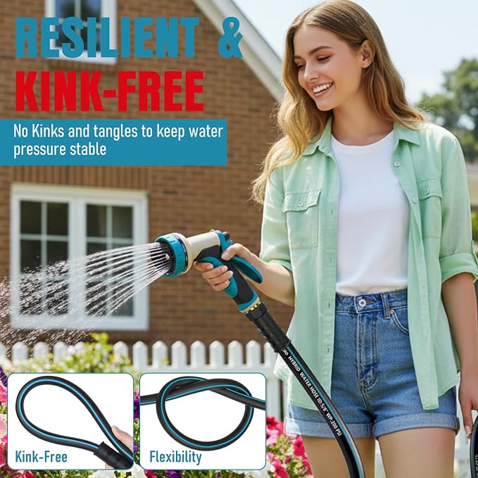 Garden Hose 25 ft x 5/8" with Nozzle, Water Hose Heavy Duty Flexible, Lightweight Kink-less Hybrid Hose with Swivel Handle, Male to Female Fittings
