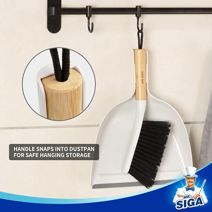 MR.SIGA Dustpan and Brush Set, Bamboo Handle, White, 1 Set | Handheld brush and dustpan combo with hanging loop, small broom and dustpan set