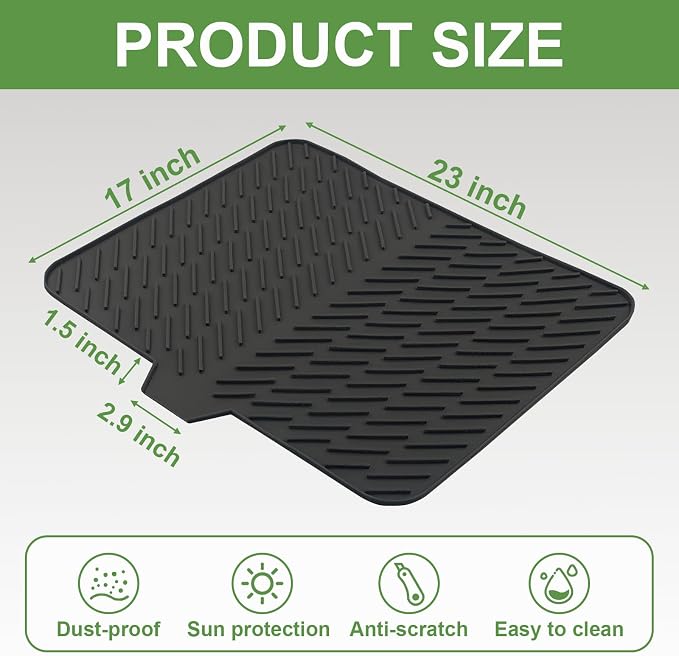 Silicone Drying Mat, 23"X17" With Built-in Drain Lip,Heat-Resistant,Eco-friendly,Hygienic Drying Pad,Leak-Proof and Non-Slip,Silicone Dish Drying Mat for Kitchen Counter or Sink（Black 23X17）