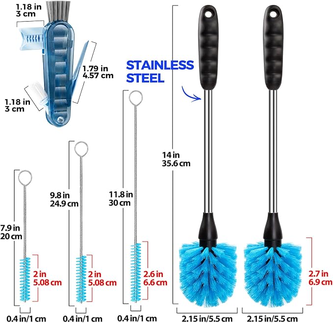 Holikme 6 Pack Brush Set, 14" Long Handle Stainless Steel Cleaner, 3 Straw Brushes, 4-in-1 Cleaning Brush for Water and Baby Bottles Straws, Aqua