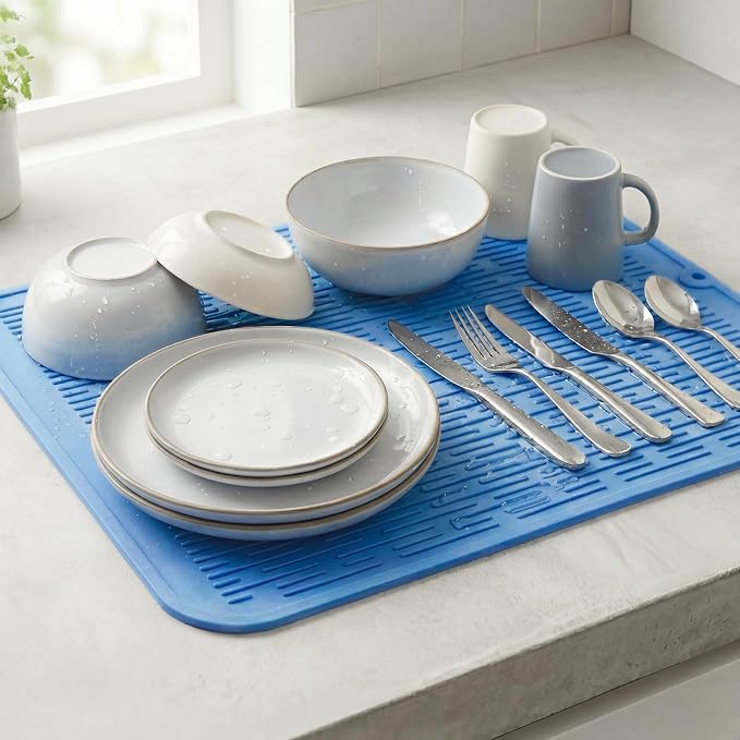 MicoYang Silicone Dish Drying Mat for Multiple Usage,Easy clean,Eco-friendly,Heat-resistant Silicone Mat for Kitchen Counter or Sink,Refrigerator or Drawer Liner Lichen BlueL XL 18 inches x 16 inches