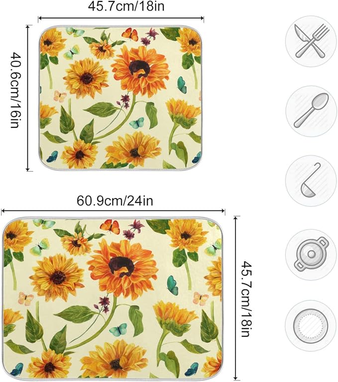 Absorbent Dish Drying Mat for Kitchen Counter - Yellow Sunflowers Butterfly Floral Microfiber Drying Pad, Reversible Drainer Mats for Countertop, Small 16 x 18 inch