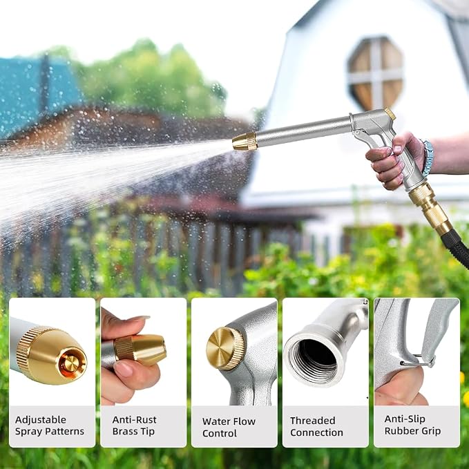 Garden Hose Nozzle with Brass Nozzle, 100% Heavy Duty Metal Water Nozzle | Fits 3/4” Garden Hose Thread with 4 Patterns, 360° Rotating Adjustable Nozzle for Plants, Lawns, Cars, Silver