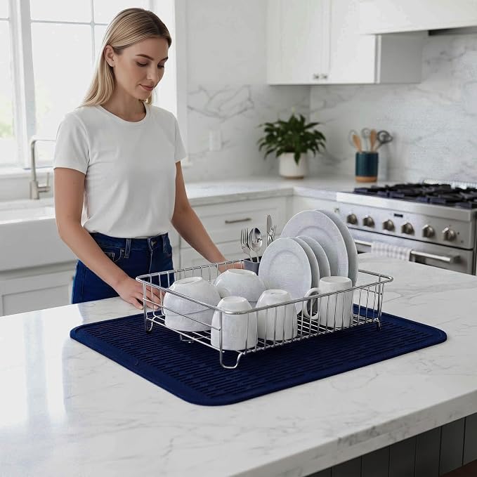 MicoYang Silicone Dish Drying Mat for Multiple Usage,Easy clean,Eco-friendly,Heat-resistant Silicone Mat for Kitchen Counter or Sink,Refrigerator or Drawer Liner Navy Blue 2XL 24 inches x 18 inches