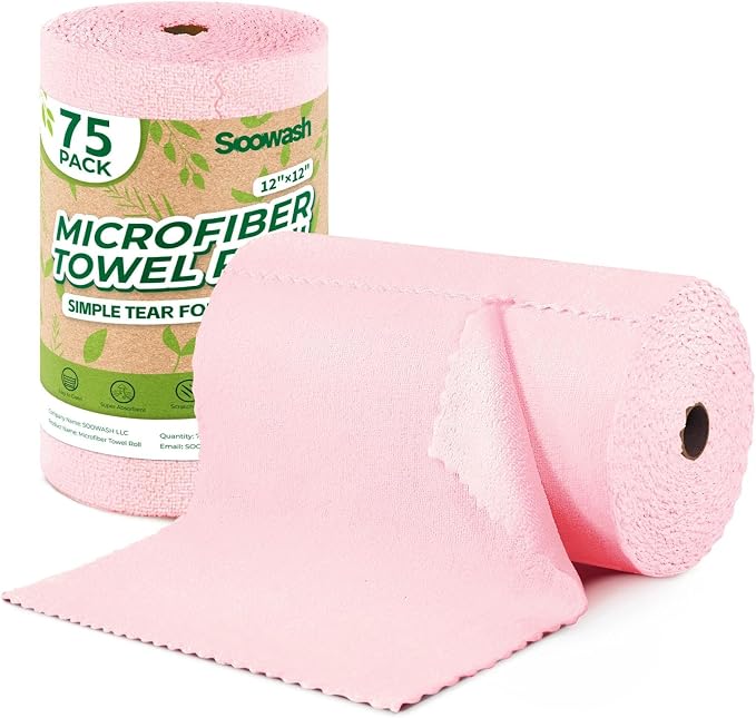 Microfiber Cleaning Cloths Roll, 75 Pack Tear Away Microfiber Towels Roll, 12" x 12" Lint Free Rags, Reusable Cleaning Cloths, Washable, Scratch Free,Ultra Absorbent Dish Rags(Pink)