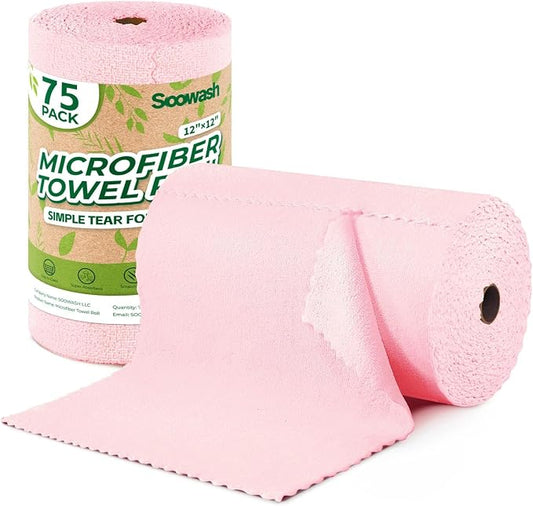 Microfiber Cleaning Cloths Roll, 75 Pack Tear Away Microfiber Towels Roll, 12" x 12" Lint Free Rags, Reusable Cleaning Cloths, Washable, Scratch Free,Ultra Absorbent Dish Rags(Pink)