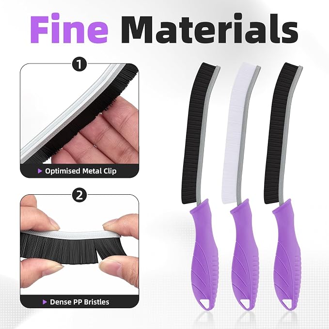 FOOGWEE Hard Bristle Crevice Cleaning Brush - Cleaning Supplies - Grout Cleaning Brushes for Household Use - Crevice Cleaning Tool for Bathroom, Home and Kitchen (3, Purple)
