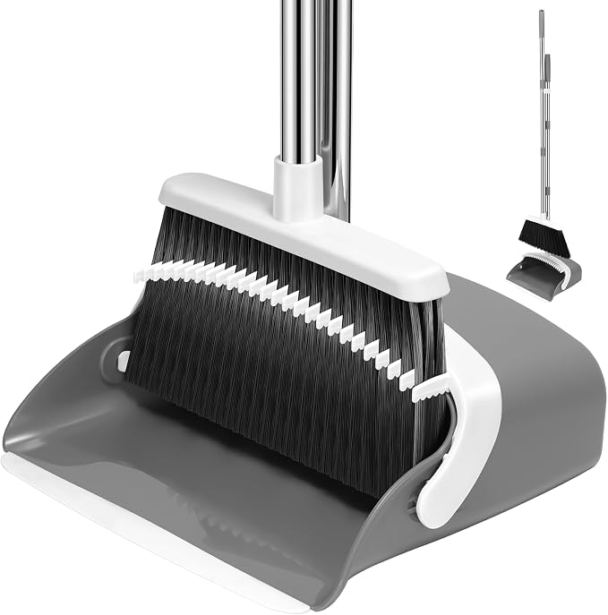 NACENA Broom and Dustpan Set with 52-in Long Adjustable Handle, Grey White | Broom Dustpan Combo with Dustpan Teeth to Automatically Clean Hair Suitable for Home Kitchen Office Hall Floor