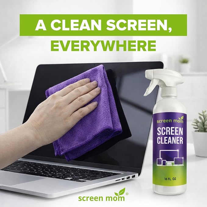 Screen Mom Screen Cleaner Spray 16oz Bottle for TV, Car, Laptop & Computer | Streak-Free Cleaning, Glass & OLED Safe, Alcohol-Free Formula, Scratch-Resistant Microfiber Cloth, Safe for Phones & Tablets