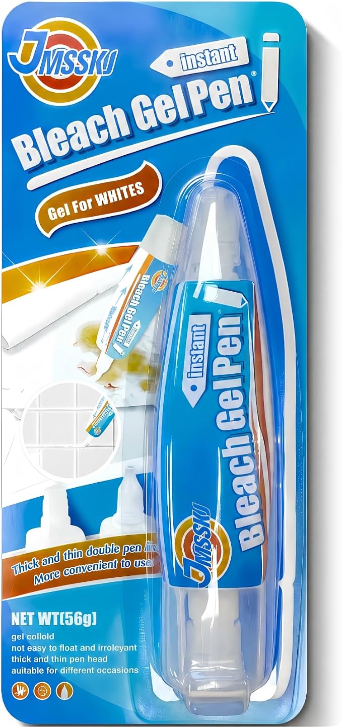 Bleach Pen for Clothes & Grout, 4 in 1 Dual-Tip Stain Remover Gel Pen with Precision Tip & Brush Head, Portable Travel-Size Cleaner for White Laundry, Bathroom Tile Lines, Mold & Mildew, Lemon Scent