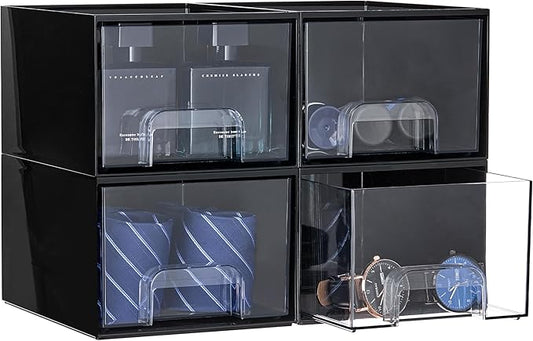 Vtopmart Black Small Stackable Storage Drawers, Cologne Organizer for Men,Plastic Containers for Vanity, Dresser,Office Desk,Bathroom Countertop Organization,Ideal for Room Decor