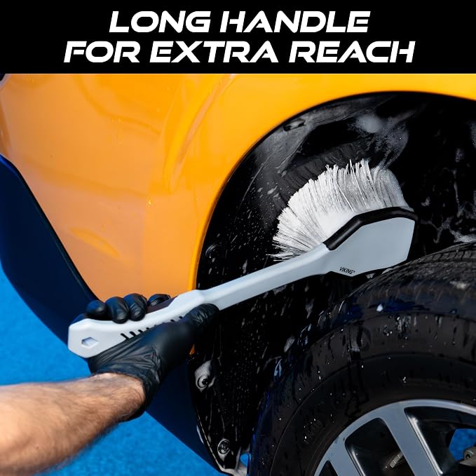VIKING Car Wash Brush, Wheel and Fender Brush, Long Handle Tire Cleaner for Car Detailing, 16.5 Inch, Grey/Black (Pack of 6)