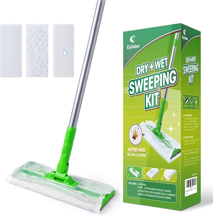 Eyliden Sweeper Mop with 36 Refills, 3 Types of Disposable Dry & Wet Cloths | Lock-Tight Design No Lost Pads, Universal Refills, Multi-Surface Sweeping Starter Kit for Pet Hair, Dust, Floor Cleaning